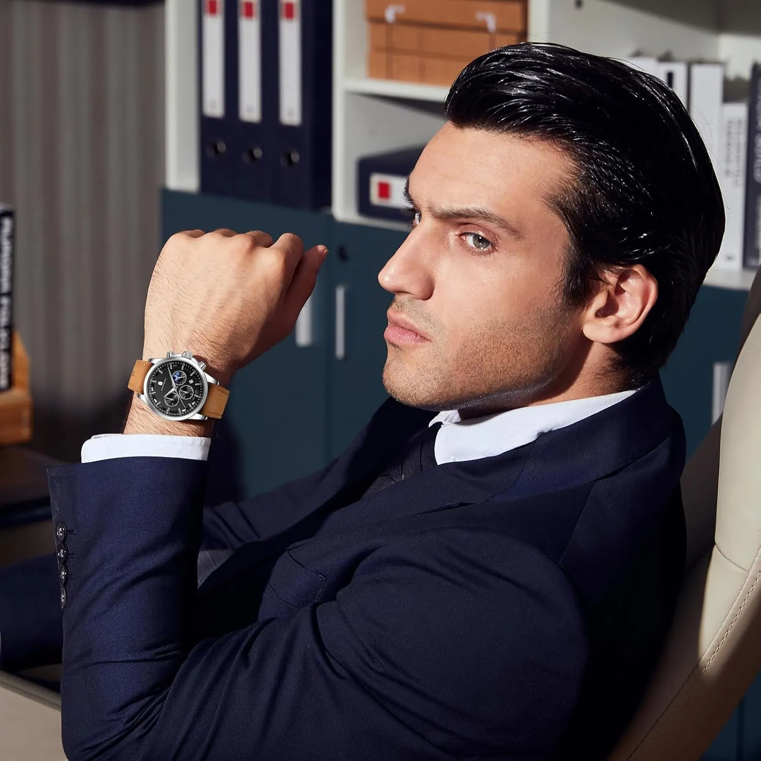 SAPPHERO Men's Watches Stainless Steel Chronograph Waterproof Quartz-Business Casual Dress Watch for Men Luminous Date Gold/Silver/Black Design-Easy-to-Read Luxury Dial-Leather Unique Elegant Gift
