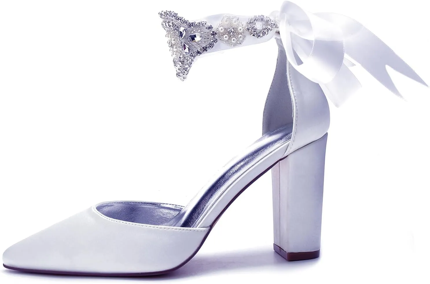 Satin Bridal Pointed Toe 9CM Block Heel Bowknot Strap Women's Ankle Strap Rhinestones Wedding Shoes Crystal Formal Sandal Pump for Prom Party