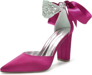 Satin Bridal Pointed Toe 9CM Block Heel Bowknot Strap Women's Ankle Strap Rhinestones Wedding Shoes Crystal Formal Sandal Pump for Prom Party