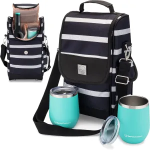 Savvy Outdoors Wine Tote Bag with Stemless Wine Glasses - Bottle Wine Bag with 2 Premium Insulated Wine Cups & Exterior Storage Pouch - Foldable Wine Carrier and Portable Wine Cooler Bags
