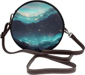 Science Fiction Stars Removable Shoulder Strap Waterproof Leather Shoulder Round Bag Crossbody Bag Travel Shopping Dating Handbag Purse