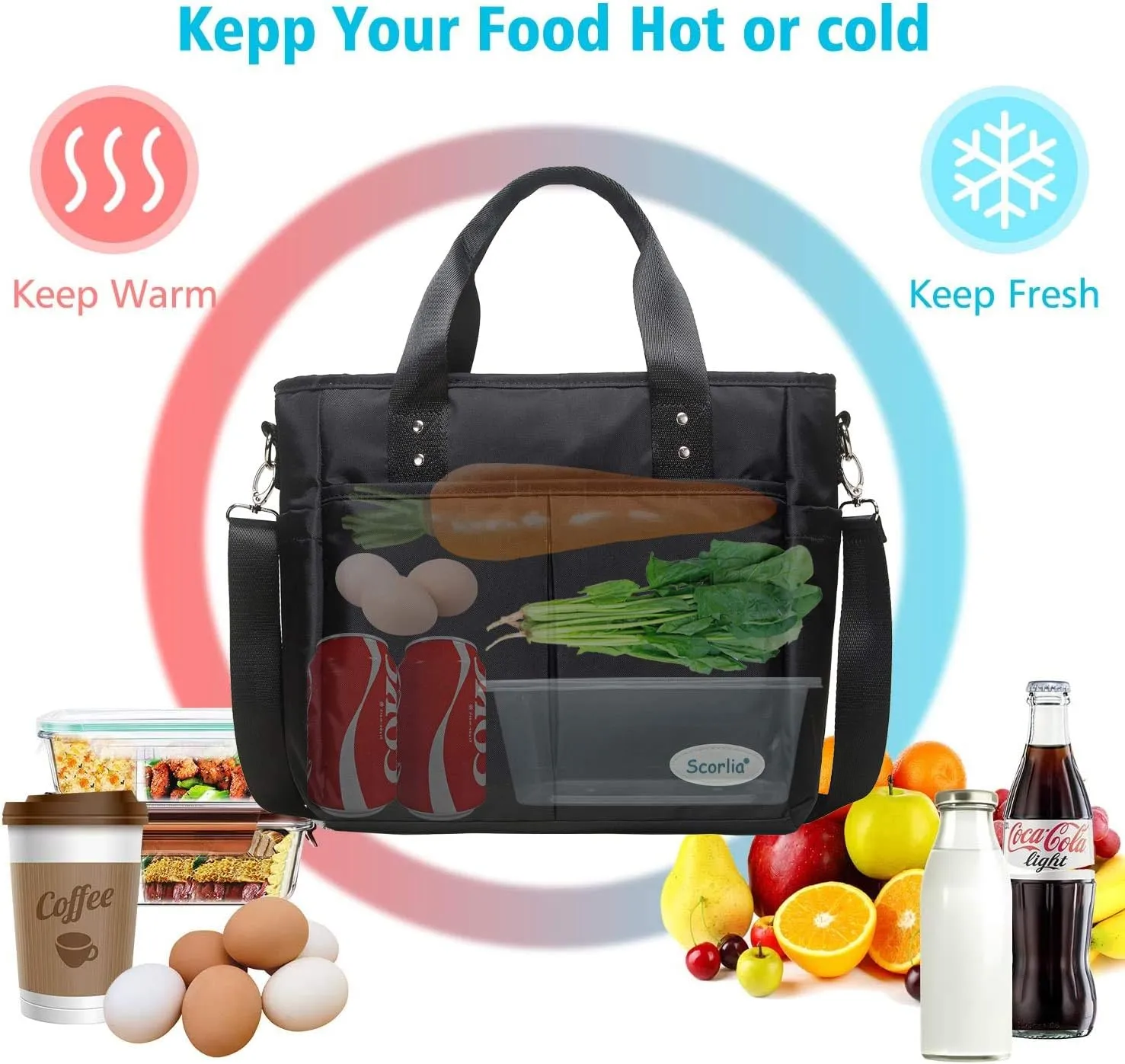 Scorlia Insulated Lunch Bag, Extra Large Lunch Tote Bag With Removable Shoulder Strap, Durable Reusable Cooler lunch Box Bag with Side Pockets, Tall Drinks Holder for Women Men Work, Black