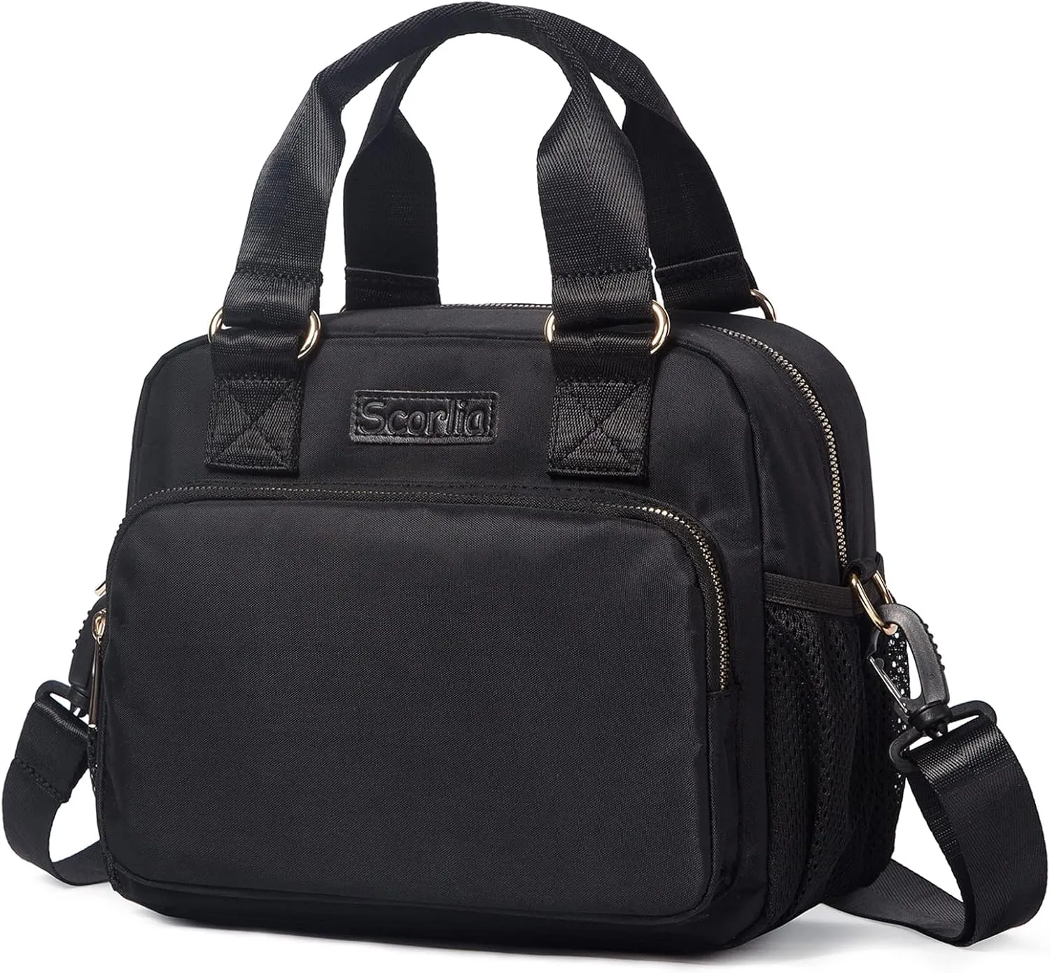 Scorlia Insulated Lunch Bag for Women, Reusable Lunch Cooler Tote Box, Lunch Organizer with Adjustable Shoulder Strap, Front Zipper Pocket and Mesh Side Pockets for Adults, Work, Black