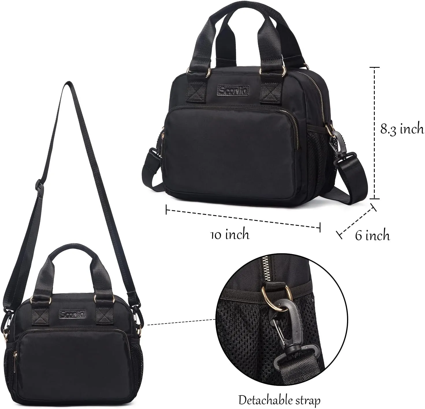 Scorlia Insulated Lunch Bag for Women, Reusable Lunch Cooler Tote Box, Lunch Organizer with Adjustable Shoulder Strap, Front Zipper Pocket and Mesh Side Pockets for Adults, Work, Black