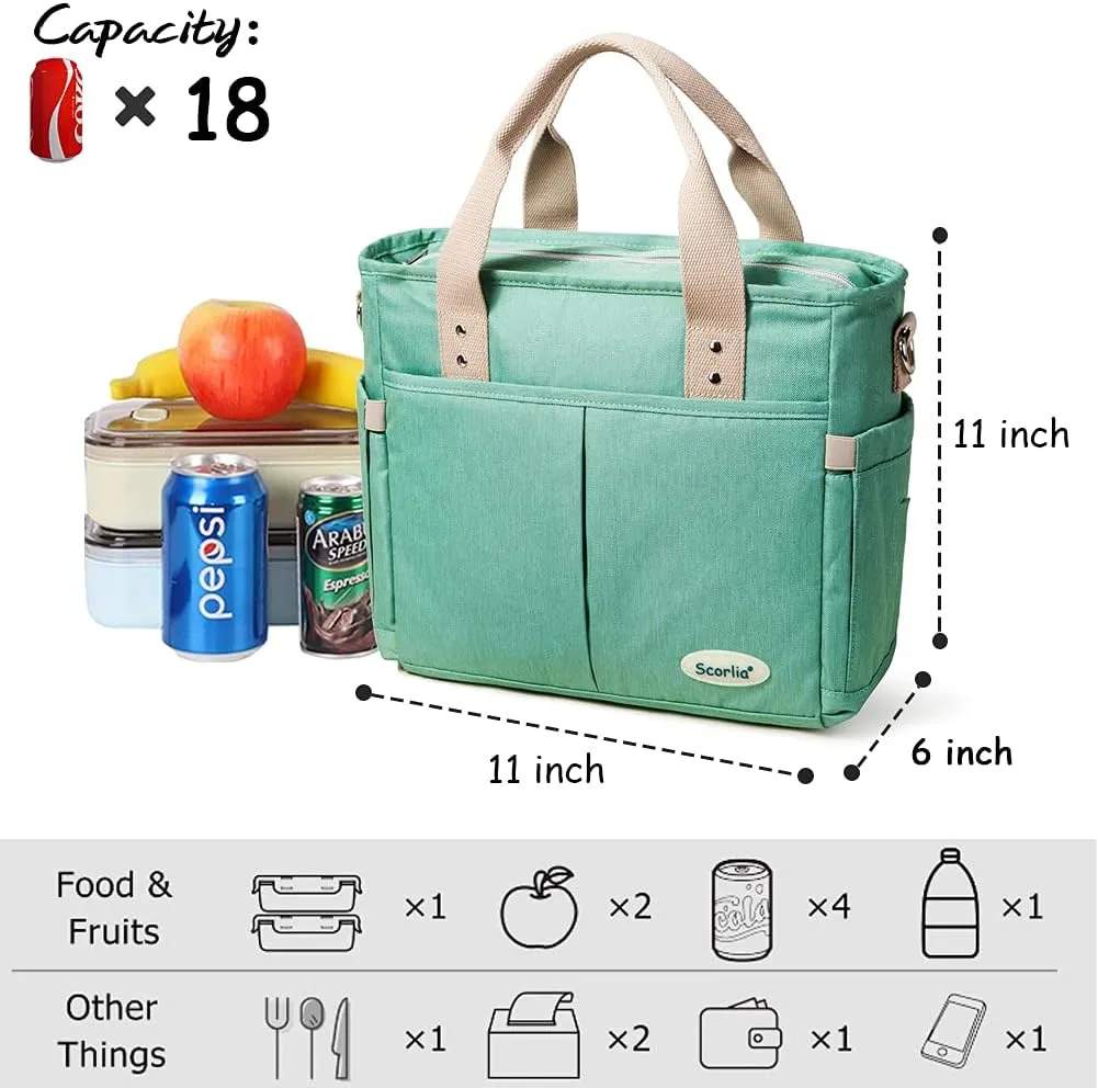 Scorlia Insulated Lunch Bag, Large Lunch Tote Bag With Removable Shoulder Strap, Durable Reusable Cooler lunch Box Container Bag, Tall Drinks Holder for Women Men Work, Green