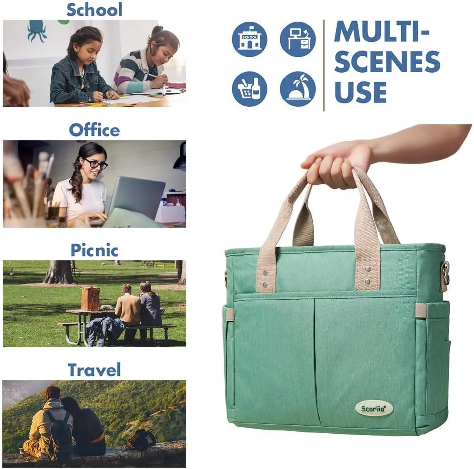 Scorlia Insulated Lunch Bag, Large Lunch Tote Bag With Removable Shoulder Strap, Durable Reusable Cooler lunch Box Container Bag, Tall Drinks Holder for Women Men Work, Green