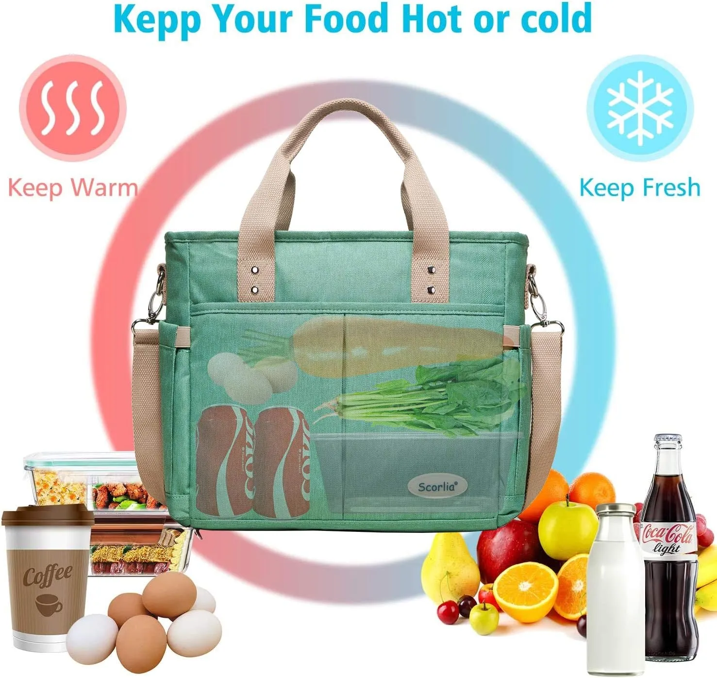 Scorlia Insulated Lunch Bag, Large Lunch Tote Bag With Removable Shoulder Strap, Durable Reusable Cooler lunch Box Container Bag, Tall Drinks Holder for Women Men Work, Green