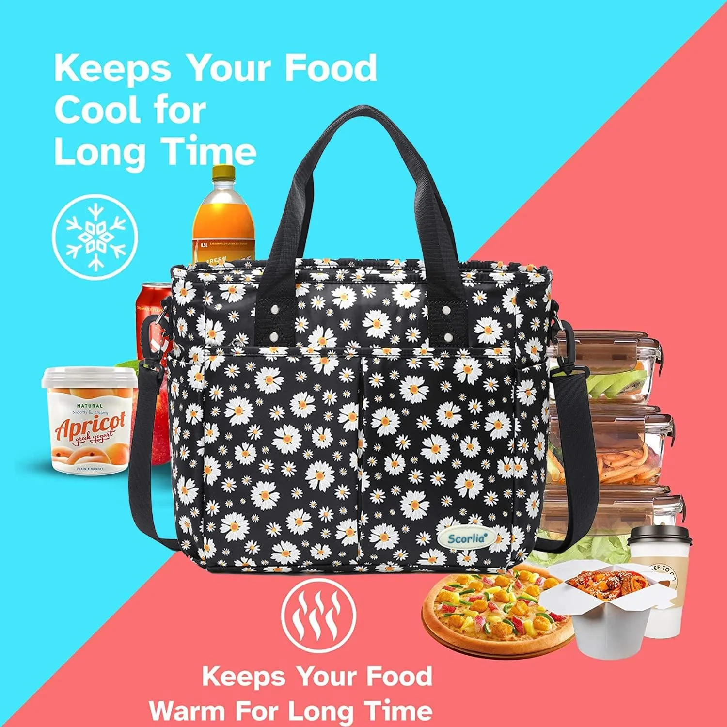 Scorlia Insulated Lunch Bag, Large Lunch Tote Bag With Removable Shoulder Strap, Durable Reusable Cooler lunch Box with Side pockets, Tall Bottle Holder for Adults Women Men, White Flower