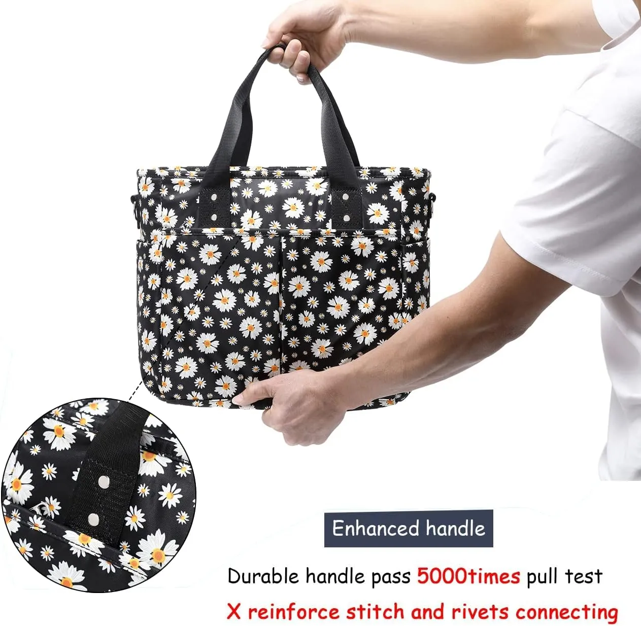 Scorlia Insulated Lunch Bag, Large Lunch Tote Bag With Removable Shoulder Strap, Durable Reusable Cooler lunch Box with Side pockets, Tall Bottle Holder for Adults Women Men, White Flower