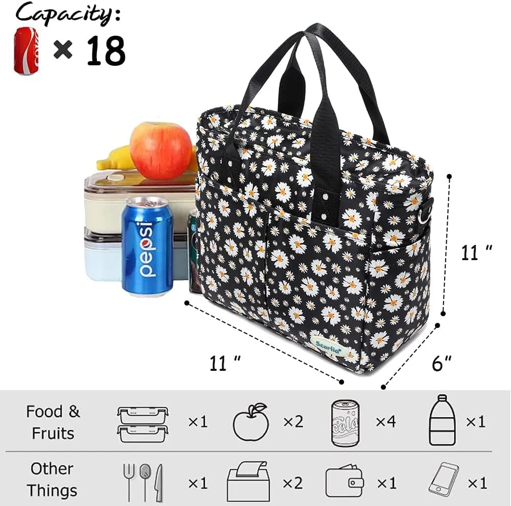 Scorlia Insulated Lunch Bag, Large Lunch Tote Bag With Removable Shoulder Strap, Durable Reusable Cooler lunch Box with Side pockets, Tall Bottle Holder for Adults Women Men, White Flower