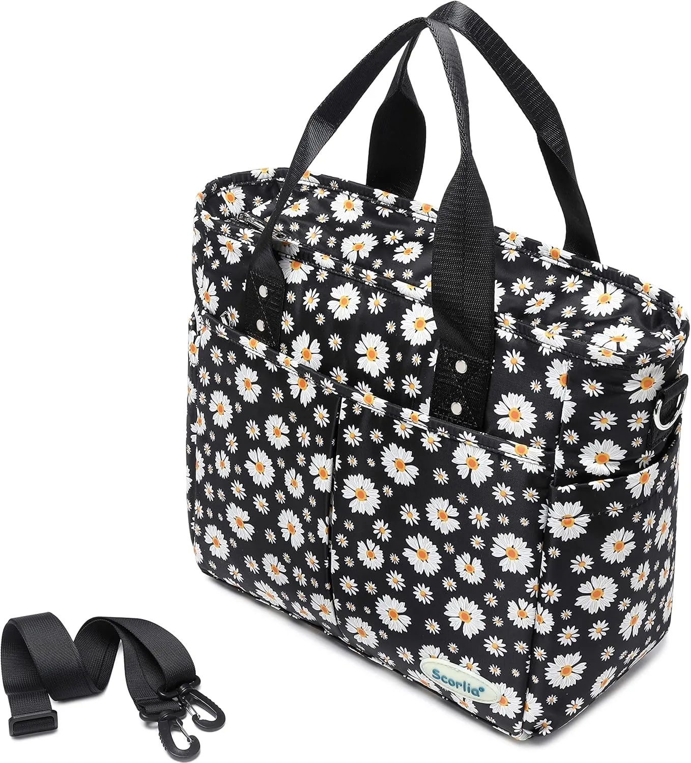 Scorlia Insulated Lunch Bag, Large Lunch Tote Bag With Removable Shoulder Strap, Durable Reusable Cooler lunch Box with Side pockets, Tall Bottle Holder for Adults Women Men, White Flower