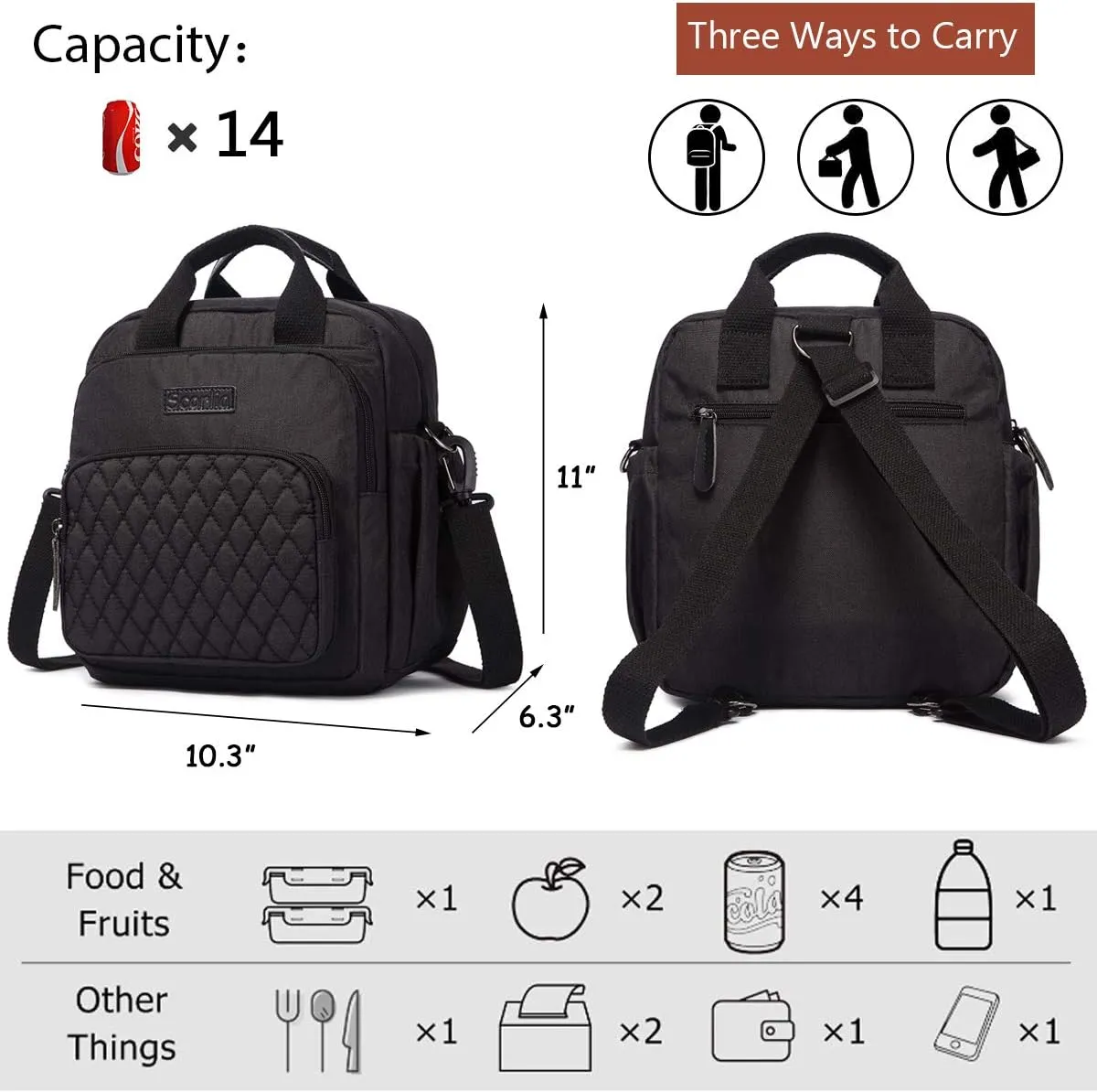 Scorlia Insulated Lunch Bag Thermal Rucksack, 3 in 1 Convertible Lunch Tote with Side pockets for Women, Tall lunch Cooler Box with Drinks Holder for Office, Beach, Picnic, Black