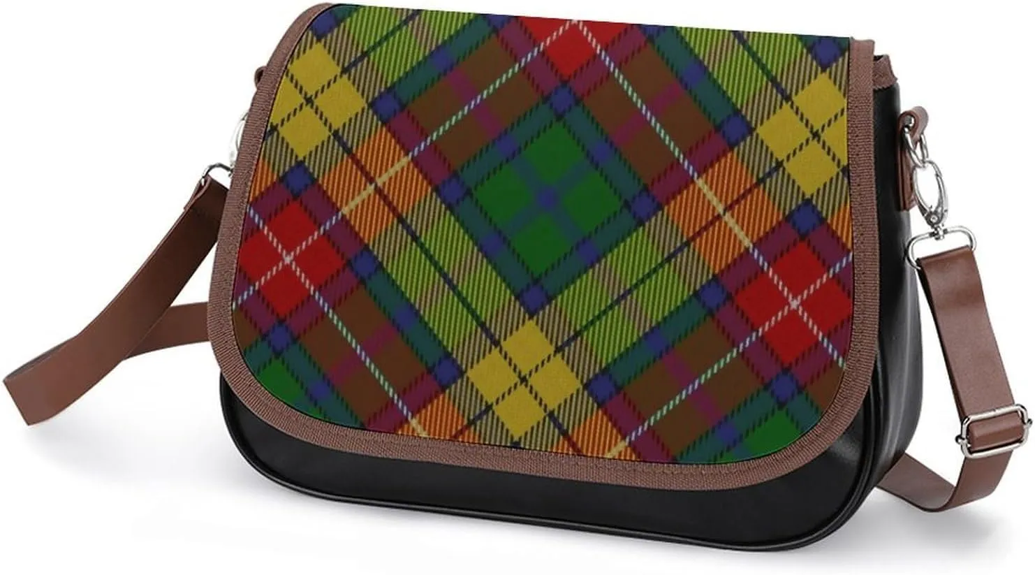 Scottish Clan Buchanan Tartan Leather Decorative Crossbody Strap Backpack, Large Capacity Shoulder Bag