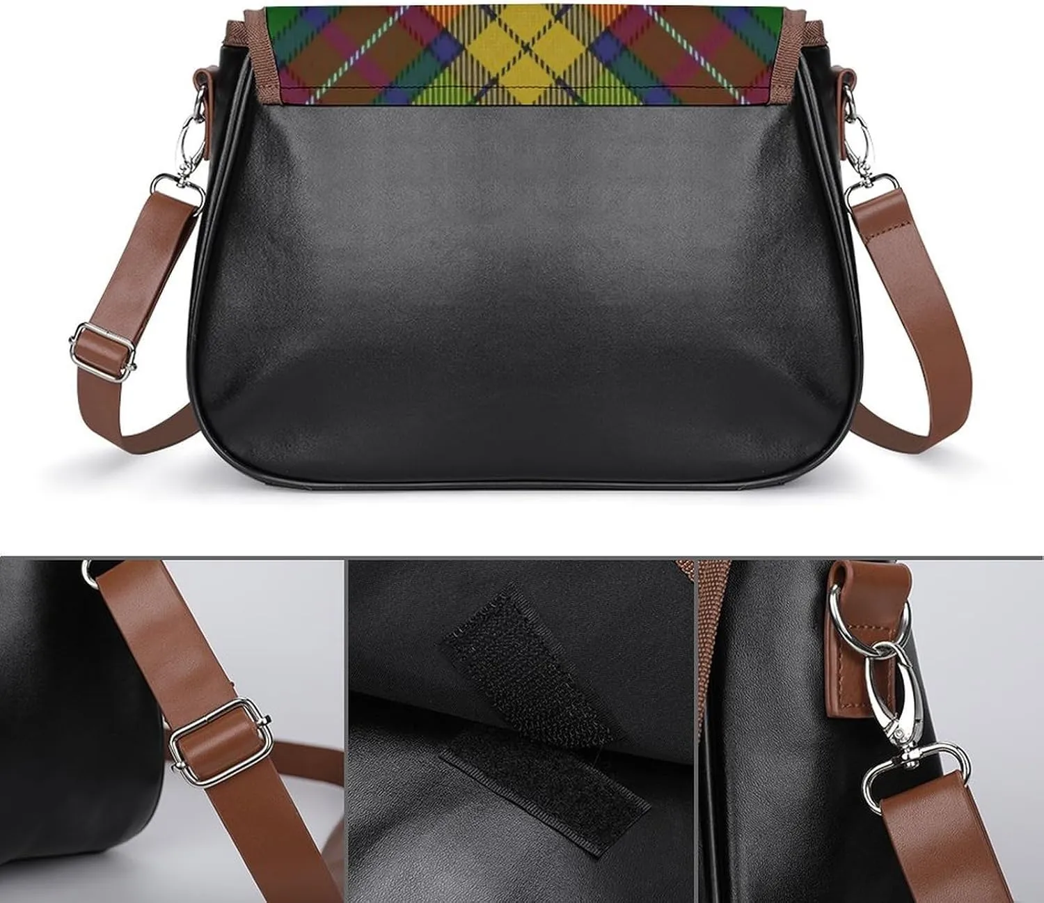 Scottish Clan Buchanan Tartan Leather Decorative Crossbody Strap Backpack, Large Capacity Shoulder Bag