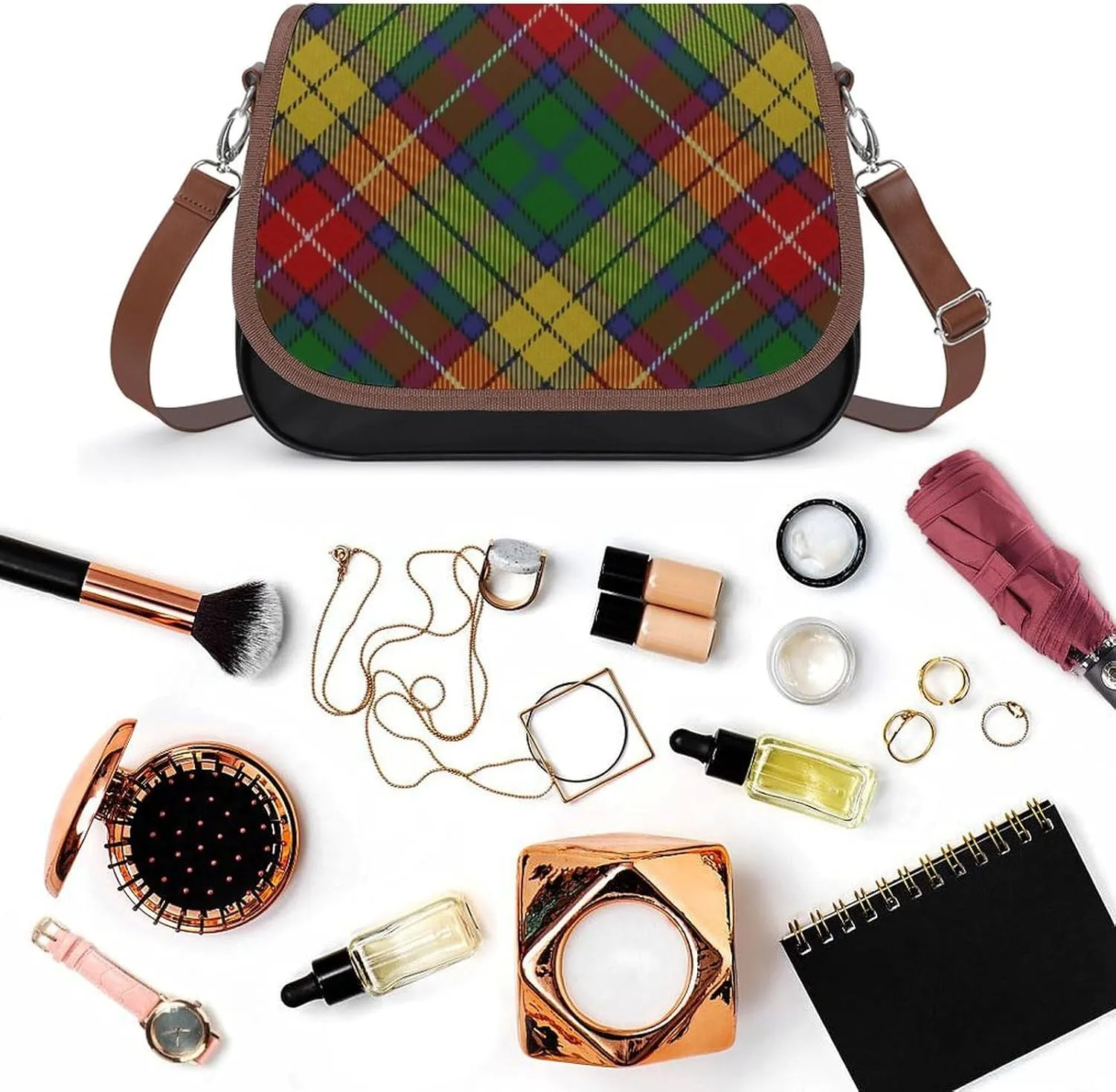 Scottish Clan Buchanan Tartan Leather Decorative Crossbody Strap Backpack, Large Capacity Shoulder Bag