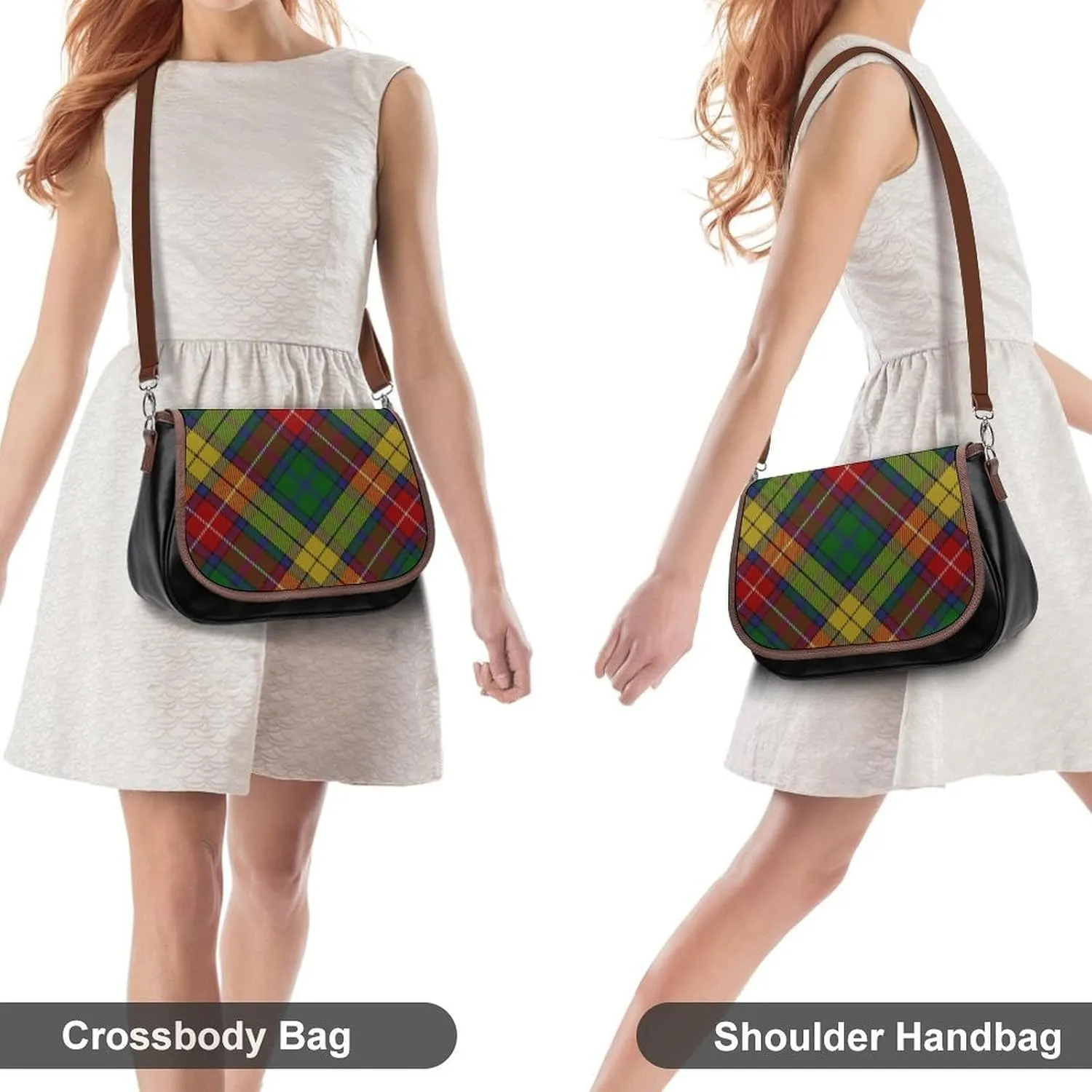 Scottish Clan Buchanan Tartan Leather Decorative Crossbody Strap Backpack, Large Capacity Shoulder Bag