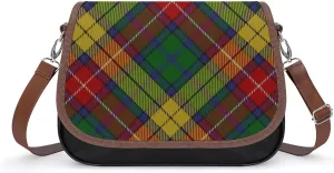 Scottish Clan Buchanan Tartan Leather Decorative Crossbody Strap Backpack, Large Capacity Shoulder Bag
