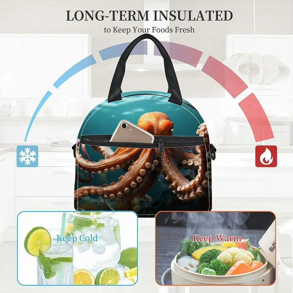 selective Common octopus animal Insulated Adult Lunch Bag with Shoulder Strap for Women Lightweight Reusable Portable Freezable Lunch Tote Bag for Work Picnic
