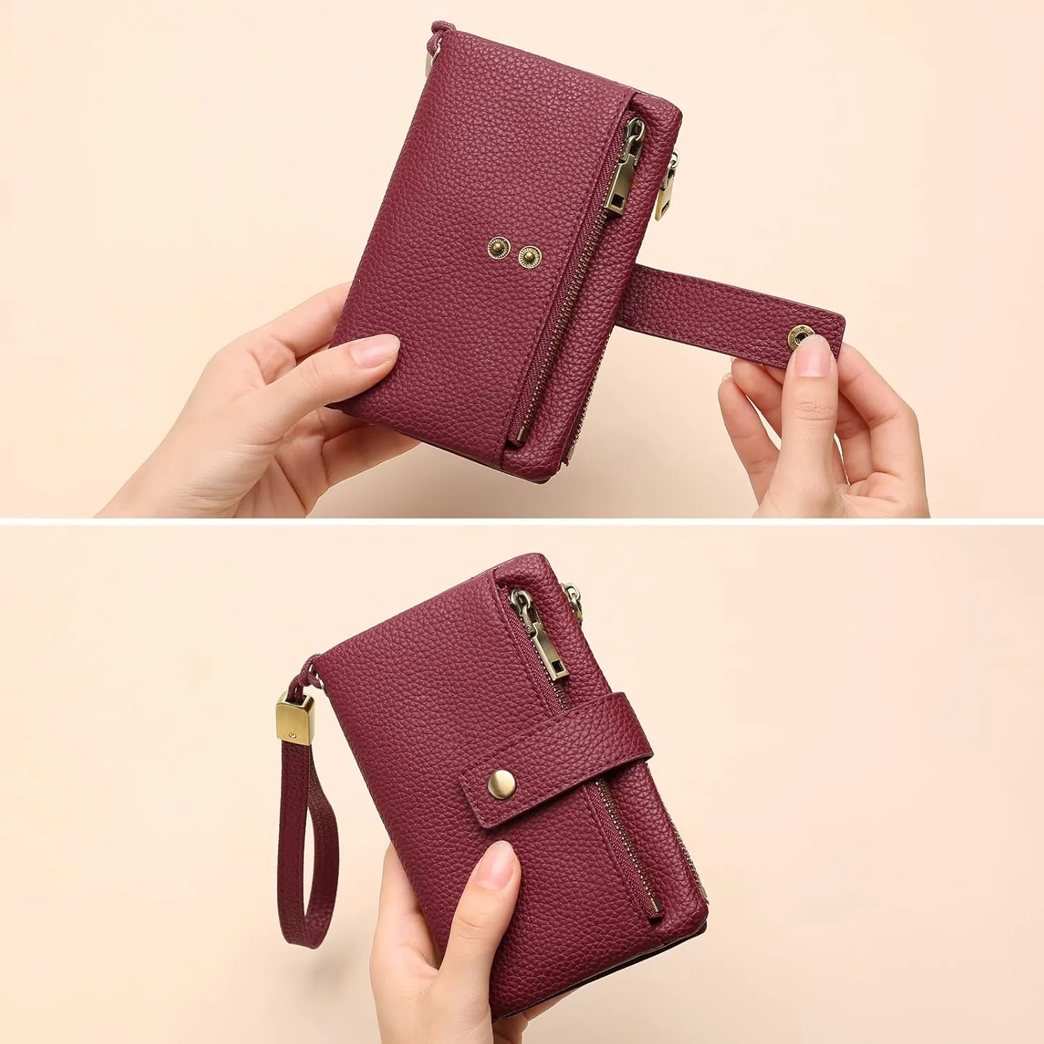 SENDEFN Small Wallet for Women Leather RFID Blocking Wristlet Wallet Credit Card Holder with Double Zipper Coin Purse Ladies Bifold Purse (Wine Red)