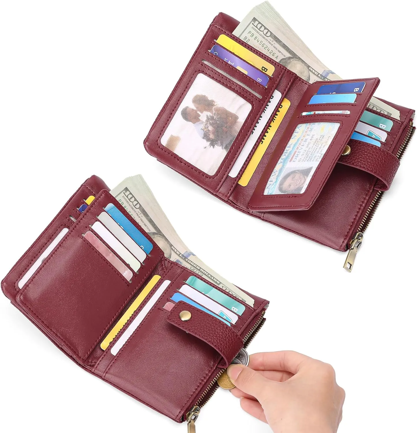 SENDEFN Small Wallet for Women Leather RFID Blocking Wristlet Wallet Credit Card Holder with Double Zipper Coin Purse Ladies Bifold Purse (Wine Red)