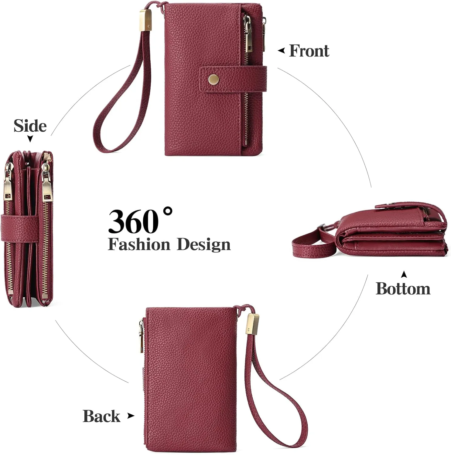 SENDEFN Small Wallet for Women Leather RFID Blocking Wristlet Wallet Credit Card Holder with Double Zipper Coin Purse Ladies Bifold Purse (Wine Red)