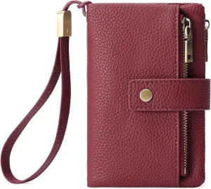 SENDEFN Small Wallet for Women Leather RFID Blocking Wristlet Wallet Credit Card Holder with Double Zipper Coin Purse Ladies Bifold Purse (Wine Red)