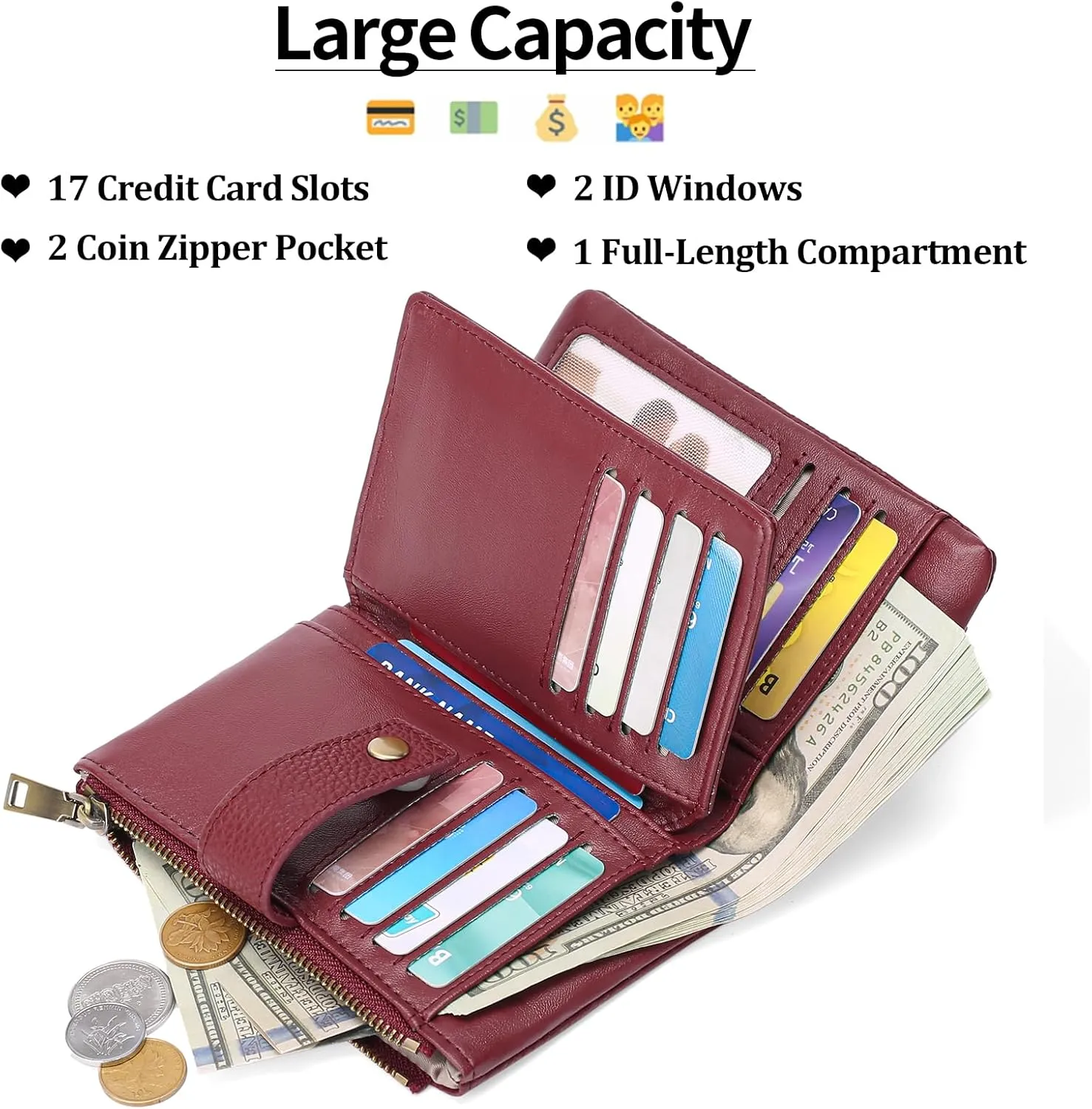 SENDEFN Small Wallet for Women Leather RFID Blocking Wristlet Wallet Credit Card Holder with Double Zipper Coin Purse Ladies Bifold Purse (Wine Red)