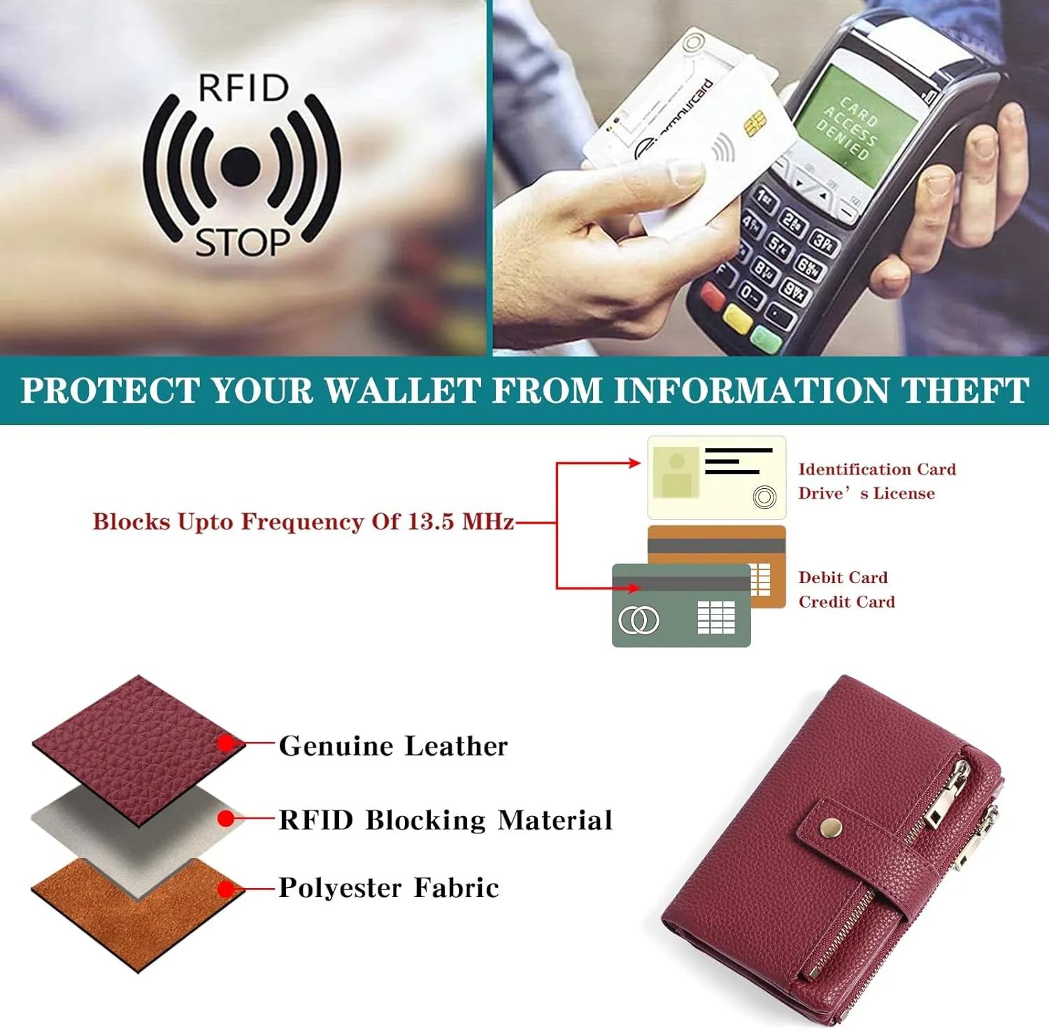 SENDEFN Small Wallet for Women Leather RFID Blocking Wristlet Wallet Credit Card Holder with Double Zipper Coin Purse Ladies Bifold Purse (Wine Red)