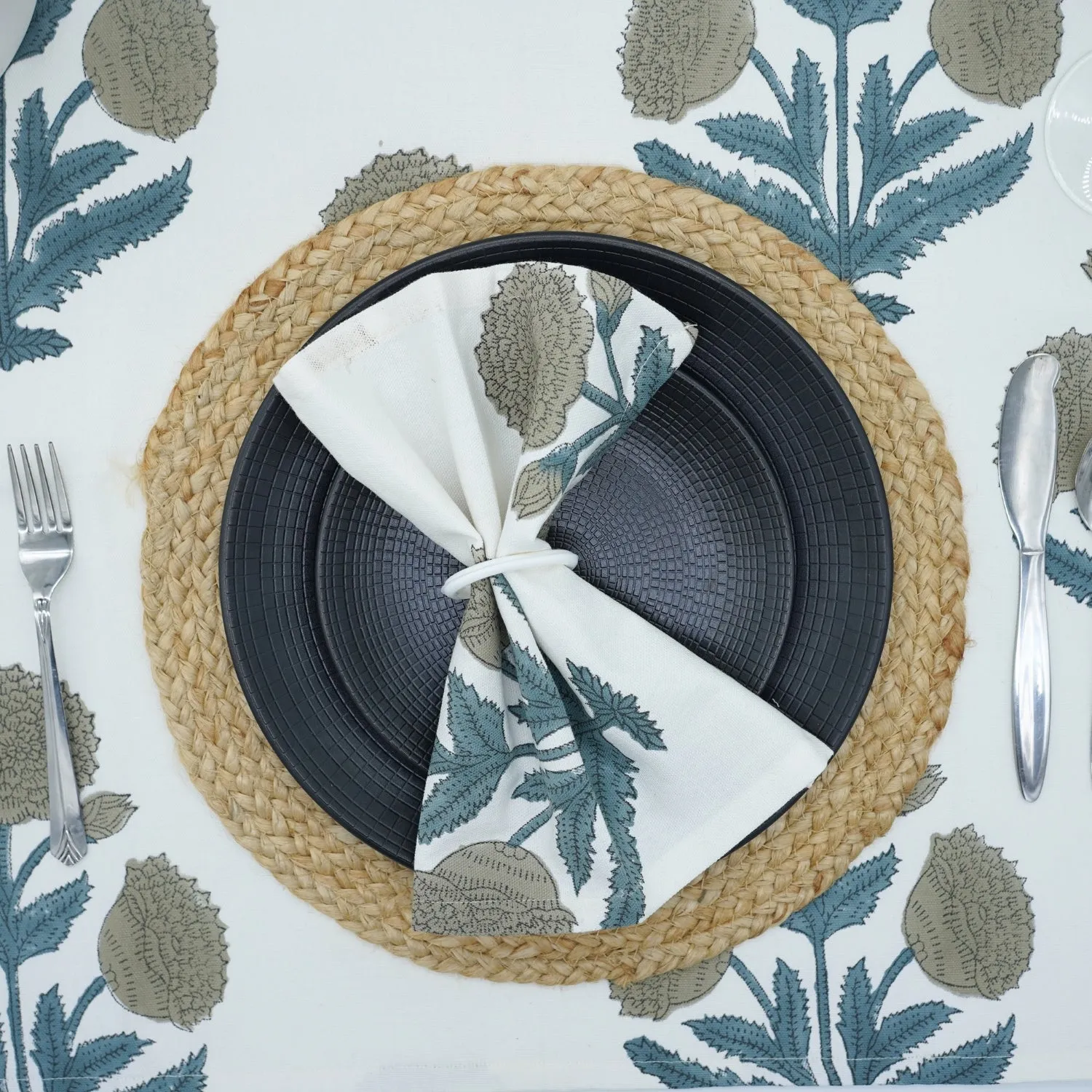 Set Of 4 Floral Grey Block Printed Table Napkin-Badshah