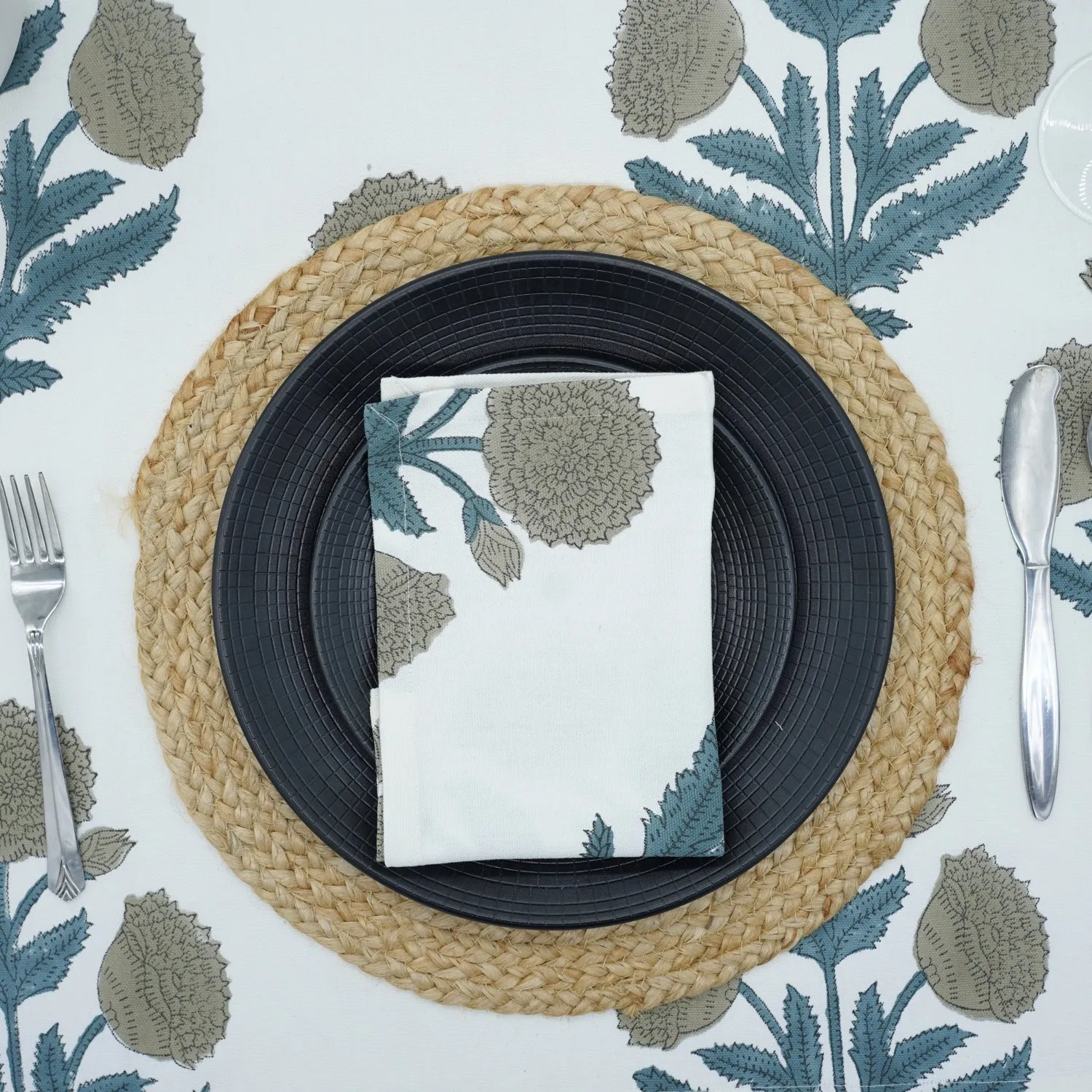 Set Of 4 Floral Grey Block Printed Table Napkin-Badshah