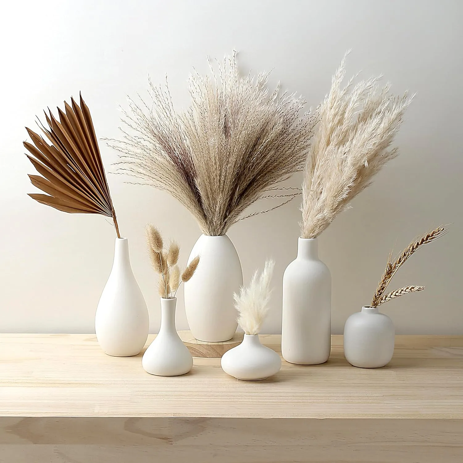 Set of 8 White Ceramic Vases for Dried Pampas Grass Flowers, Aesthetic Boho Modern Decor for Farmhouse Living Room Coffee Table Shelf Fireplace Centerpiece Bedroom Office Desk Home DIY Gifts