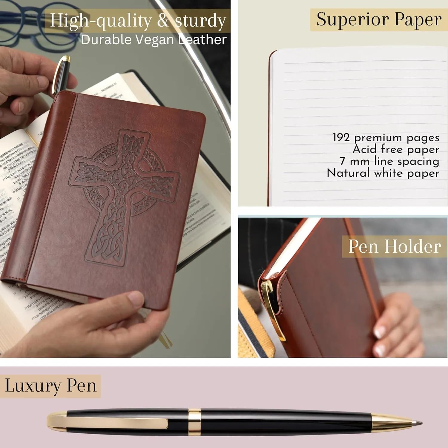 SETTINI® Lined Journal - Celtic Cross Journal for Writing Gift Set - Hardcover Vegan Leather, Includes Luxury Pen in a Unique Pen Holder, 192 Pages, 6 x 8.5 inches, Bible Journal