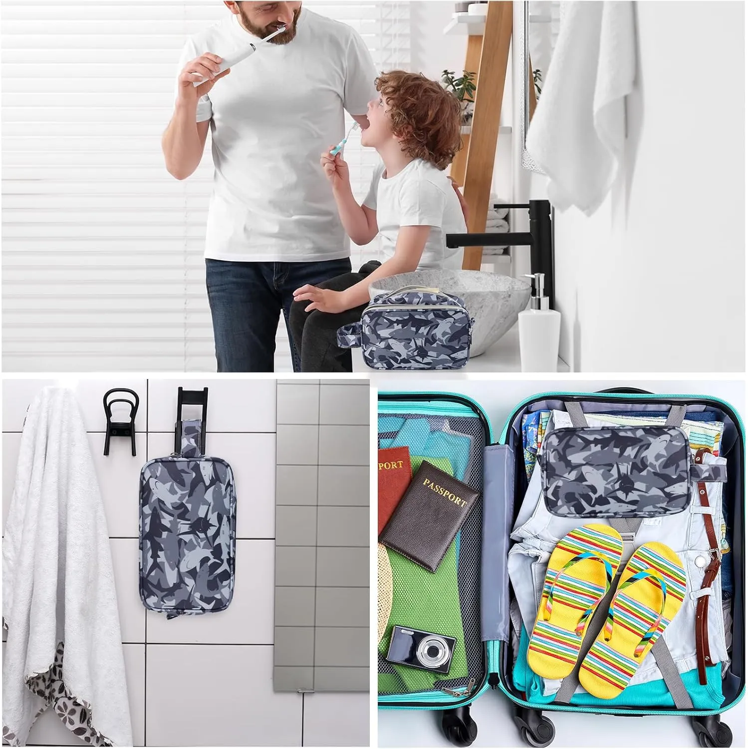 Shark Kids Toiletry Bag for Boys, Travel Toiletry Bag for Little Young Boys Waterproof Hanging Wash Bag Toddler Traveling Toiletries, Camo Black