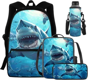 Shark Toddler Boy Backpack with Water Bottle Lightweight School Bag for Kids 7-9 Years Boys Waterproof Keep Warm Meal Bag Lunch Box for School Students