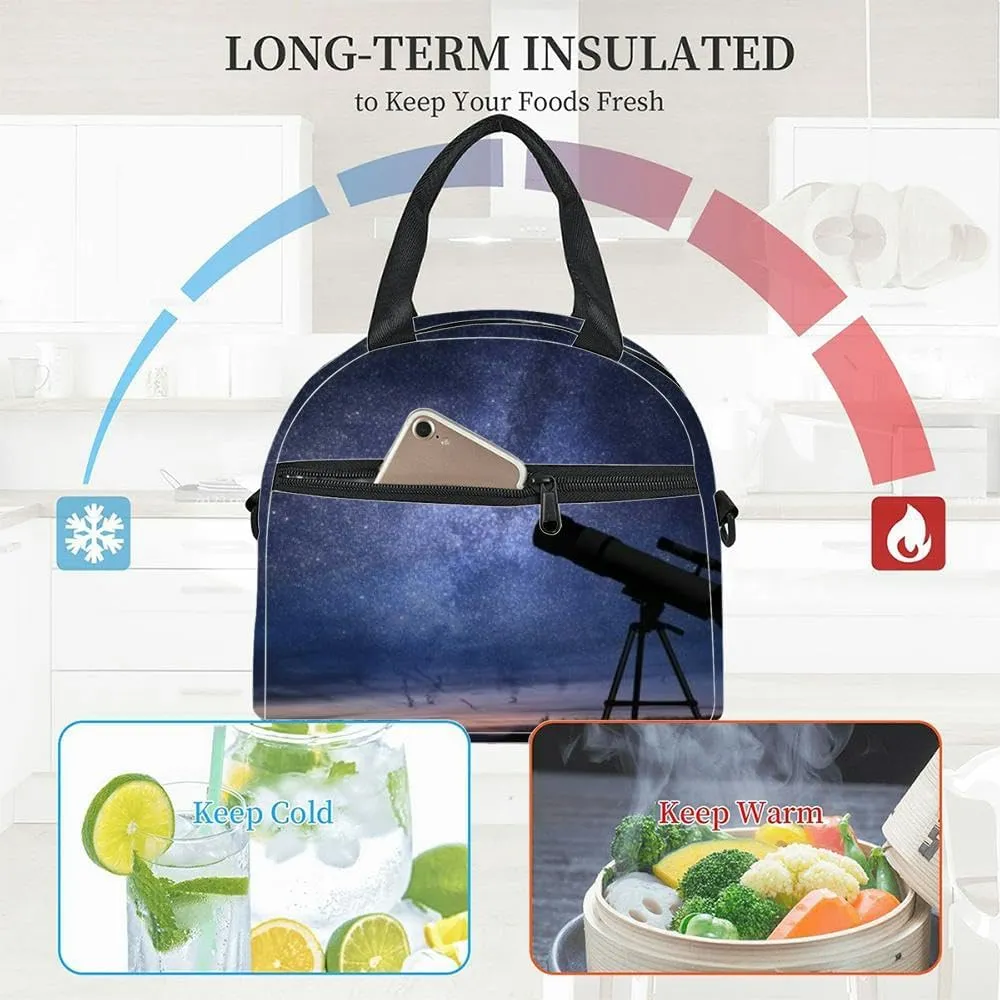 Silhouette telescope and sky Astronomy and stars observing Insulated Adult Lunch Bag with Shoulder Strap for Women Lightweight Reusable Portable Freezable Lunch Tote Bag for Work Picnic