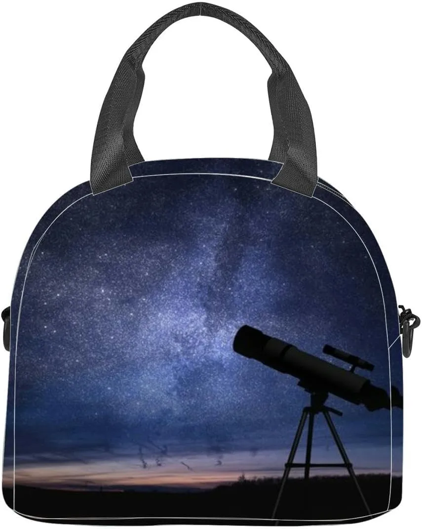 Silhouette telescope and sky Astronomy and stars observing Insulated Adult Lunch Bag with Shoulder Strap for Women Lightweight Reusable Portable Freezable Lunch Tote Bag for Work Picnic