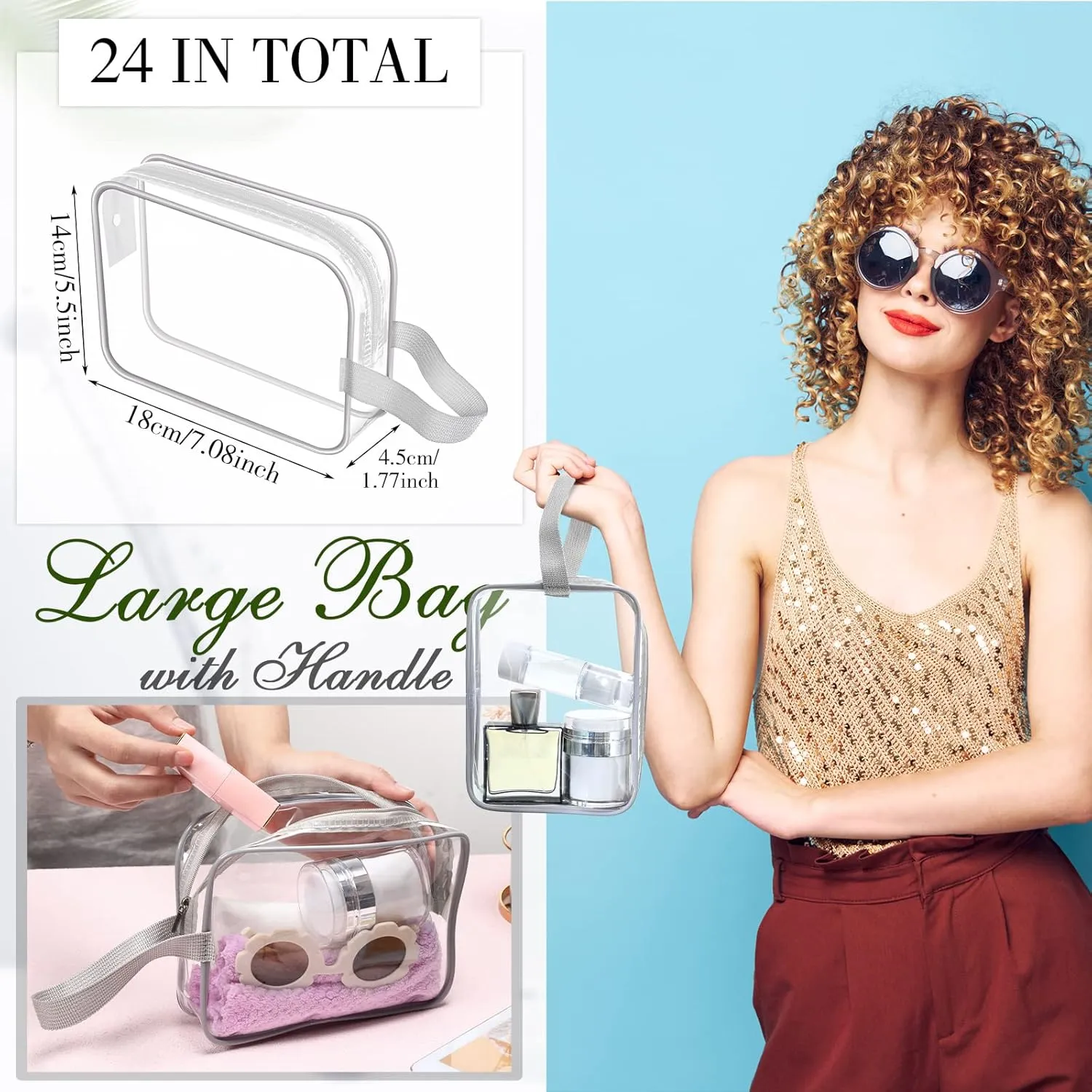 Silkfly Clear Toiletry Bag PVC Travel Cosmetic Bag with Handle Strap Makeup Pouch with Zipper Summer Vacation Salon Graduation Gift End of the Year Gifts(Gray,24 Pack)