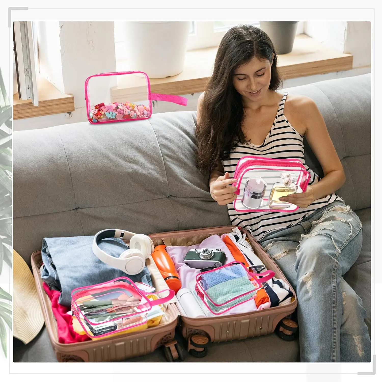 Silkfly Clear Toiletry Bag PVC Travel Cosmetic Bag with Handle Strap Makeup Pouch with Zipper Summer Vacation Salon Graduation Gift End of the Year Gifts(Rose Pink,24 Pack)