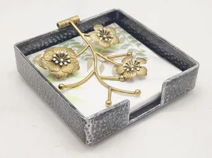 Silver Flat Square Napkin Holder with Gold Orchid Blooms & Faux Crystals | Orchid Flowers Metal Hinged Weighted Arm | Serviette Paper Hand Towel Storage Caddy Tray Organizer Dispenser