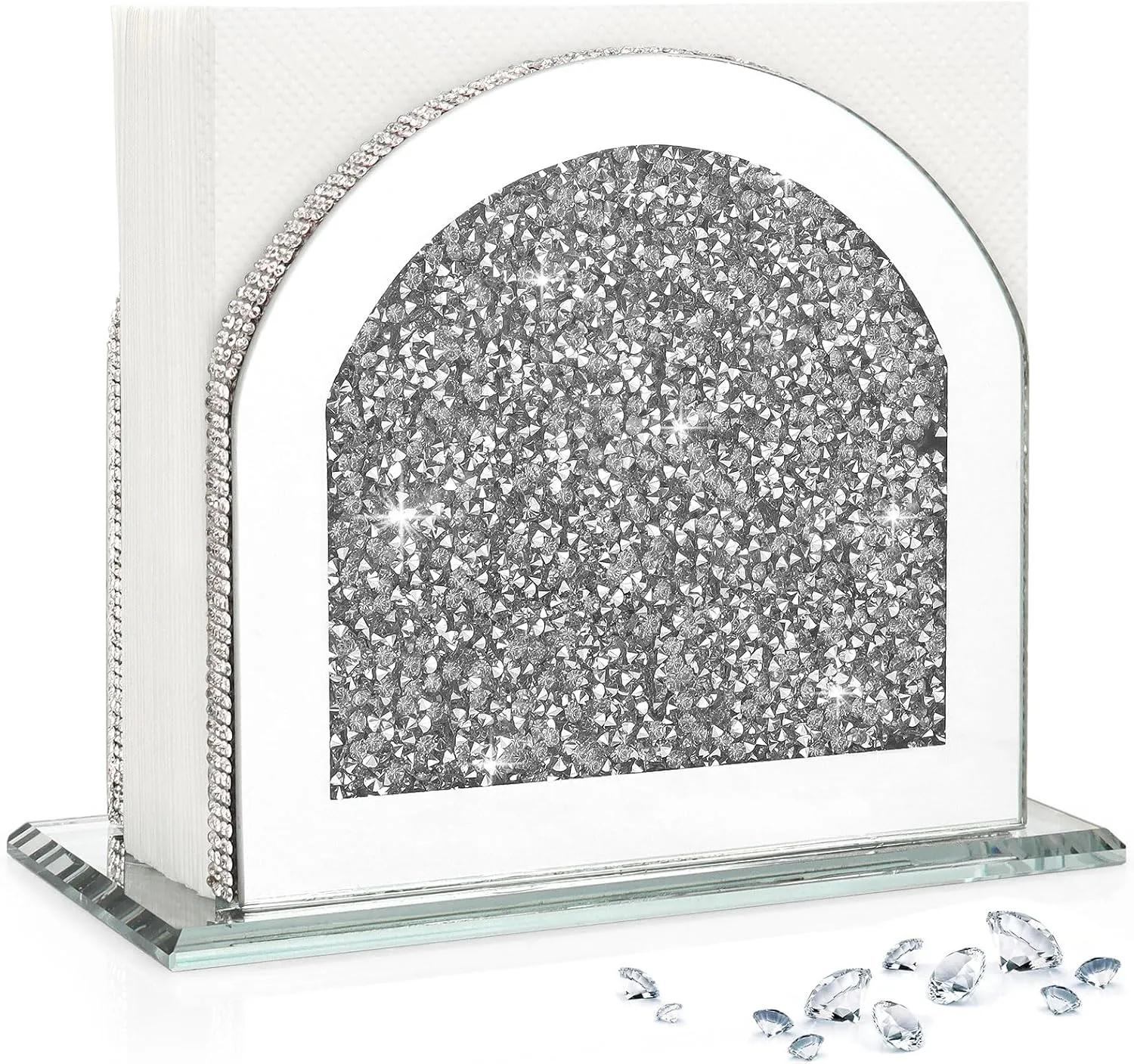 Silver Napkin Holders,Sparkly Crystal Glass Crushed Diamond House Decor for Dining Table, Bling Mirror Vertical Holder with Heavy Base for Kitchen Countertop,Wedding, Anniversary,Elegantes & Morden