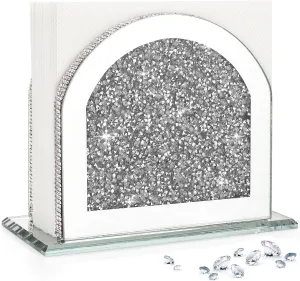 Silver Napkin Holders,Sparkly Crystal Glass Crushed Diamond House Decor for Dining Table, Bling Mirror Vertical Holder with Heavy Base for Kitchen Countertop,Wedding, Anniversary,Elegantes & Morden