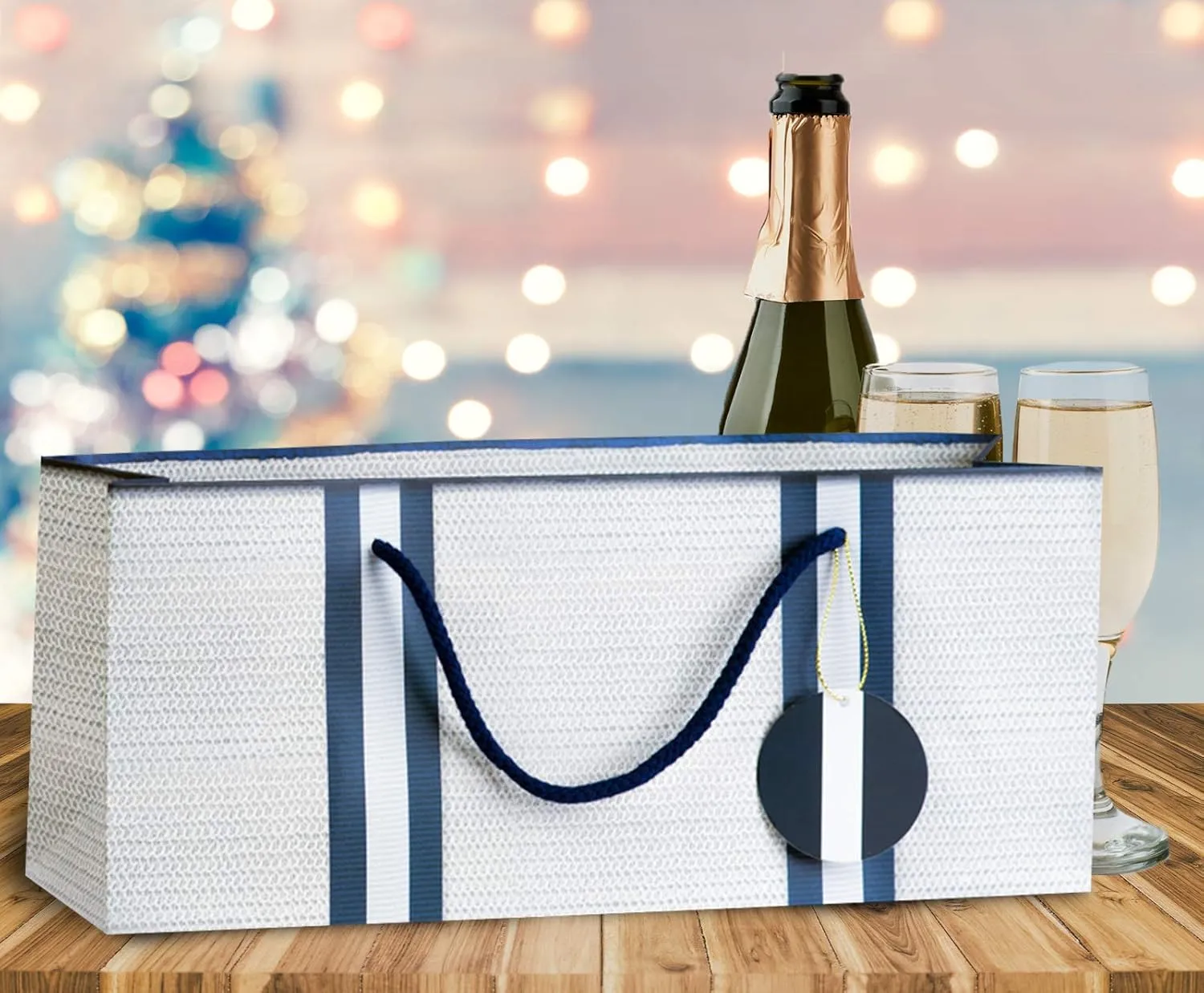 Simply Charmed Wine Gift Bags – White with Basket Weave Pattern and Navy Stripes Purse Style Set of 6