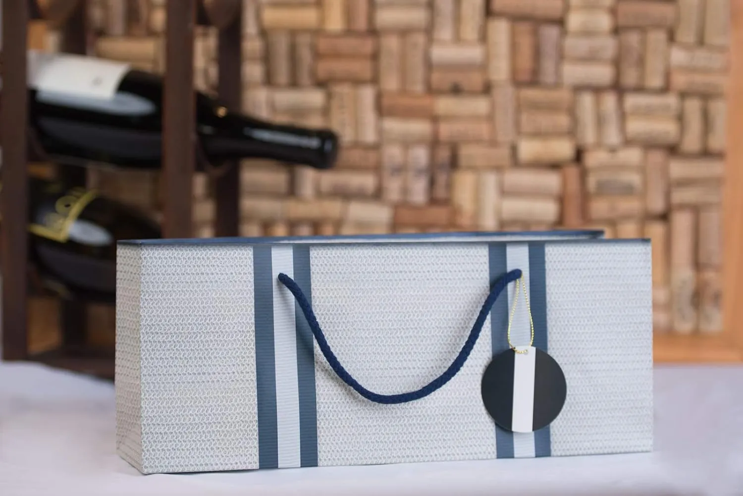 Simply Charmed Wine Gift Bags – White with Basket Weave Pattern and Navy Stripes Purse Style Set of 6