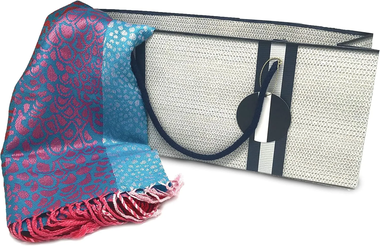Simply Charmed Wine Gift Bags – White with Basket Weave Pattern and Navy Stripes Purse Style Set of 6
