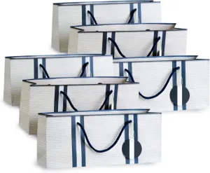 Simply Charmed Wine Gift Bags – White with Basket Weave Pattern and Navy Stripes Purse Style Set of 6