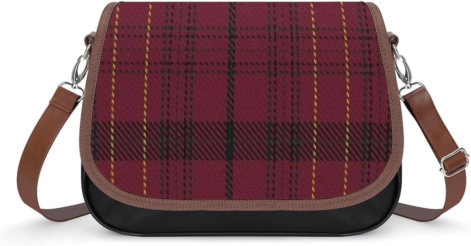 Sinclair Clan Hunting Tartan Variant Plaid Leather Decorative Crossbody Strap Backpack, Large Capacity Shoulder Bag