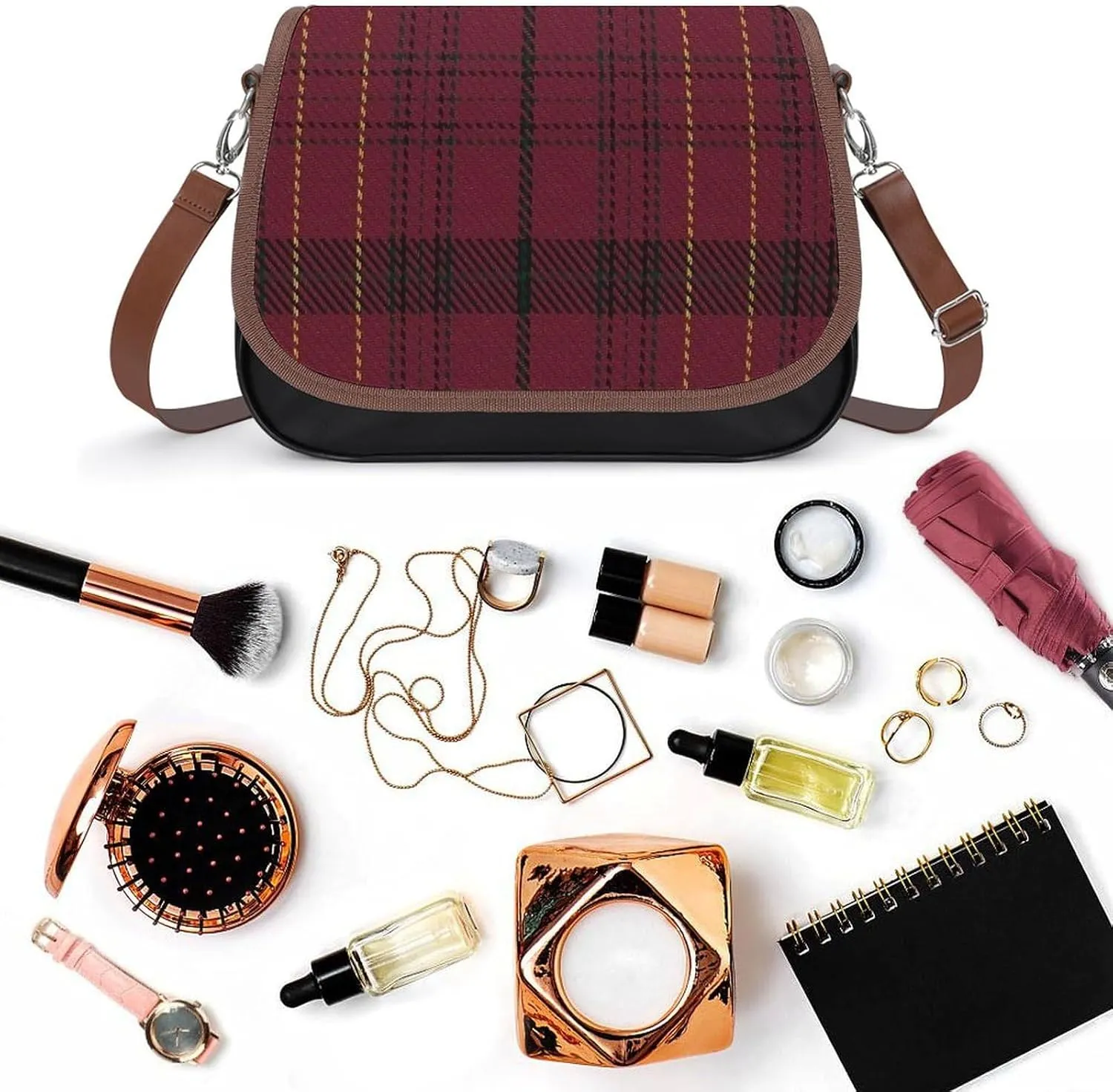 Sinclair Clan Hunting Tartan Variant Plaid Leather Decorative Crossbody Strap Backpack, Large Capacity Shoulder Bag