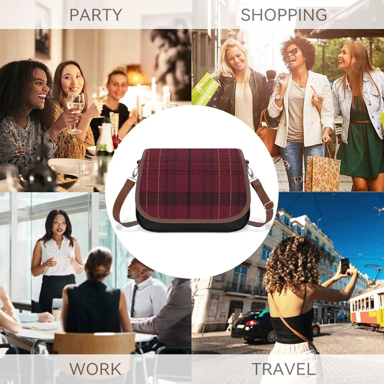 Sinclair Clan Hunting Tartan Variant Plaid Leather Decorative Crossbody Strap Backpack, Large Capacity Shoulder Bag