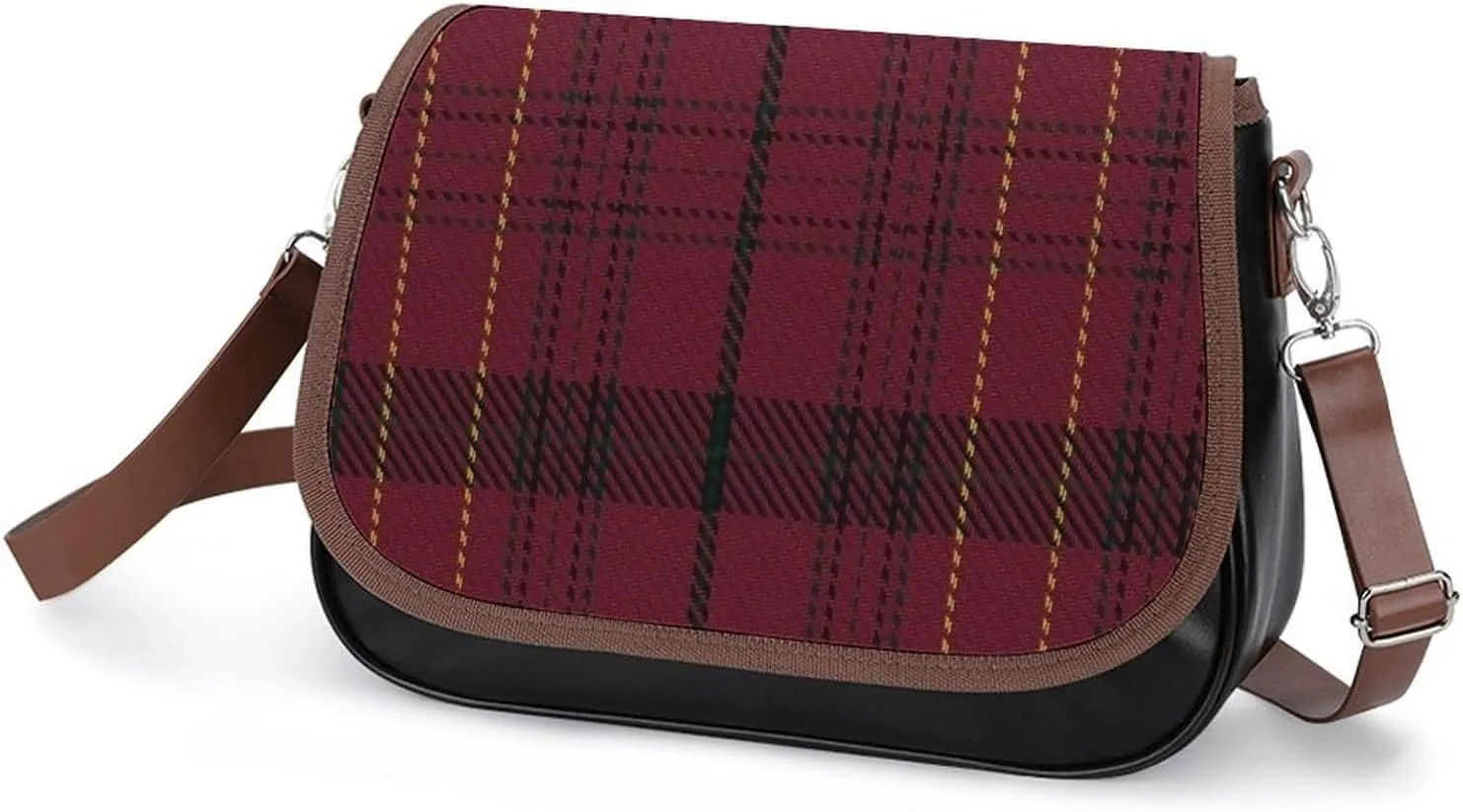 Sinclair Clan Hunting Tartan Variant Plaid Leather Decorative Crossbody Strap Backpack, Large Capacity Shoulder Bag