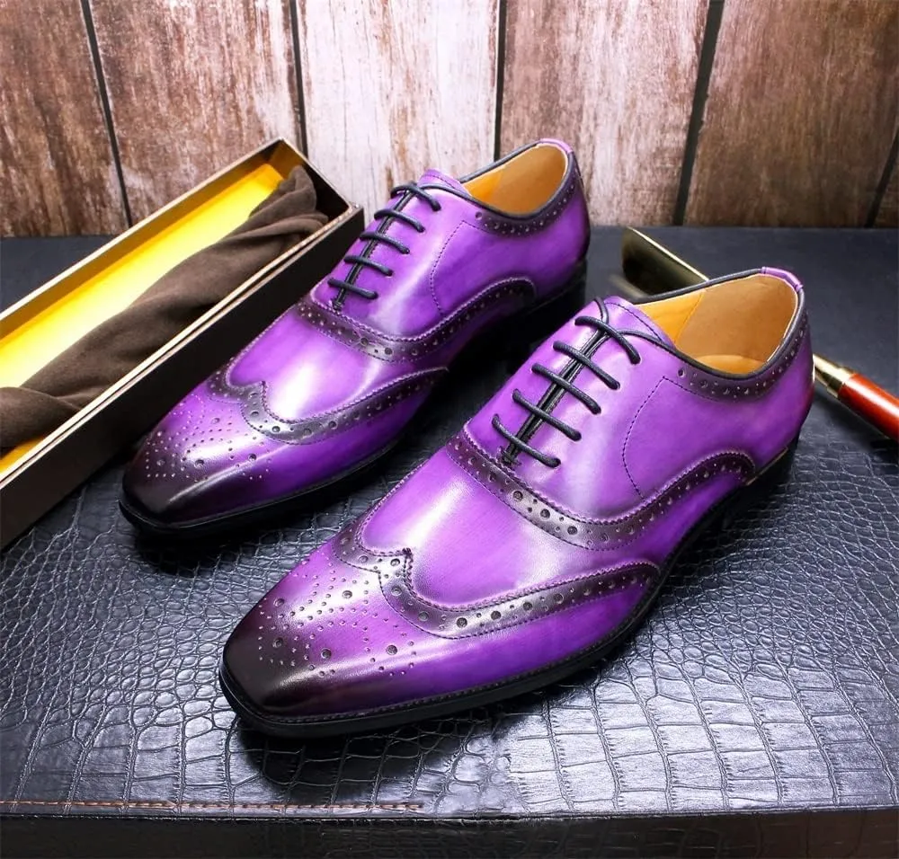 Single Season Dress Shoes for Men Lace Up Brogue Embossed Wing-tip Square Toe Cowhide Anti-Slip Non Slip Block Heel Slip Resistant Rubber Sole Business Very Popular Among Young People